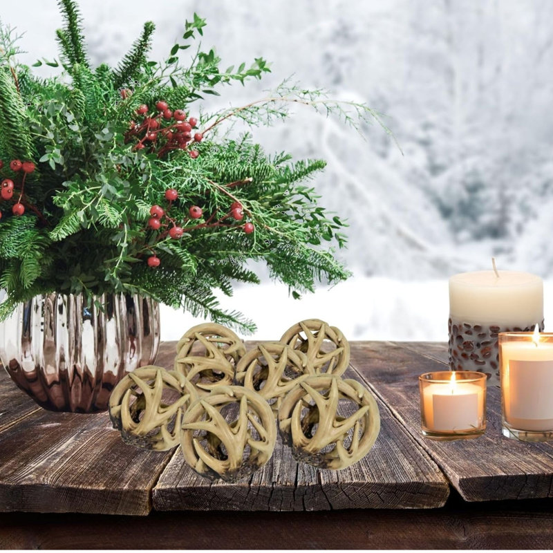 Rattan Rustic Faux Deer Antler Ball Table Centerpiece Set of 3 4.25 Inch Lodge Cabin Decor