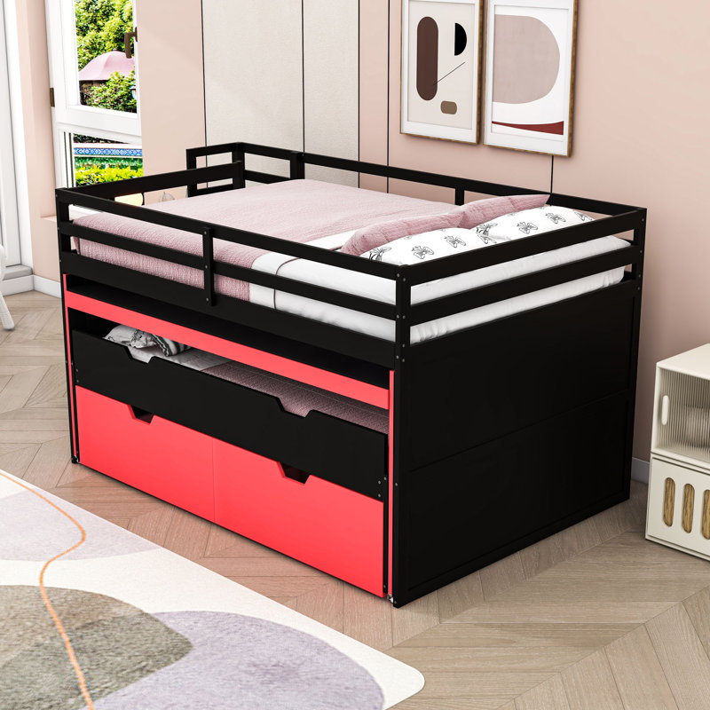 Lit mezzanine en bois avec bureau, lit gigogne et tiroirs de rangement, Full XL, Black Red