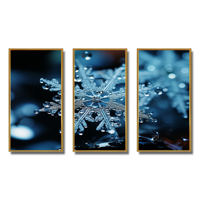 «Blue Snowflake Holiday III - Winter Landscape», art mural, H 28 po x l 36 po x P 1 po, Cadre flottant doré
