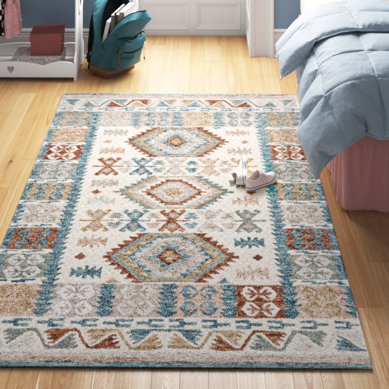 Moroccan Handmade Tufted Wool/Cotton Area Rug in Ivory/Blue, Rectangle 5' x 8'