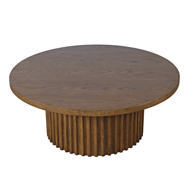 Tannen 40" Round Mid-Century Modern Fluted Pedestal Base Coffee Table With Caster Wheels, Chestnut