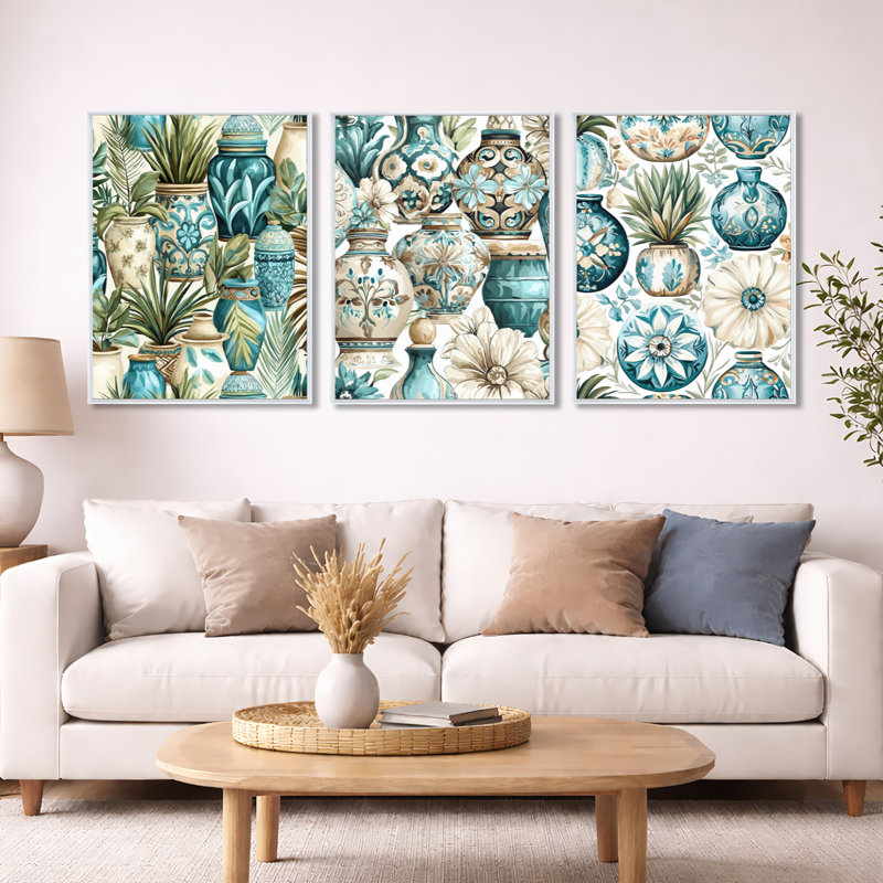 «Green and White», reproduction d'art sur toile encadrée 3 pièces, H 32 po x l 72 po, Cadre flottant blanc