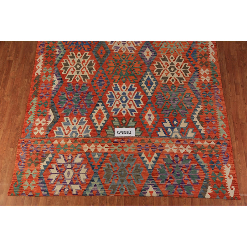 Tapis oriental en laine orange Kilim 9 x 11