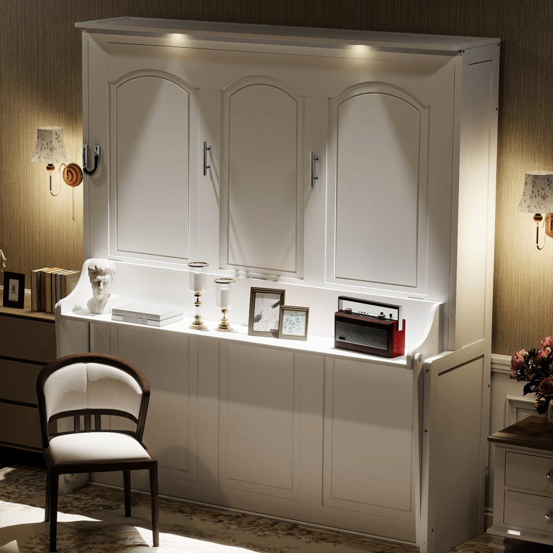 Grand lit avec bureau, lumières à DEL et charge - blanc, peu encombrant pour la salle d'étude, fonctionnalité moderne, éclairage mural du lit, look, capacité de poids élevée
