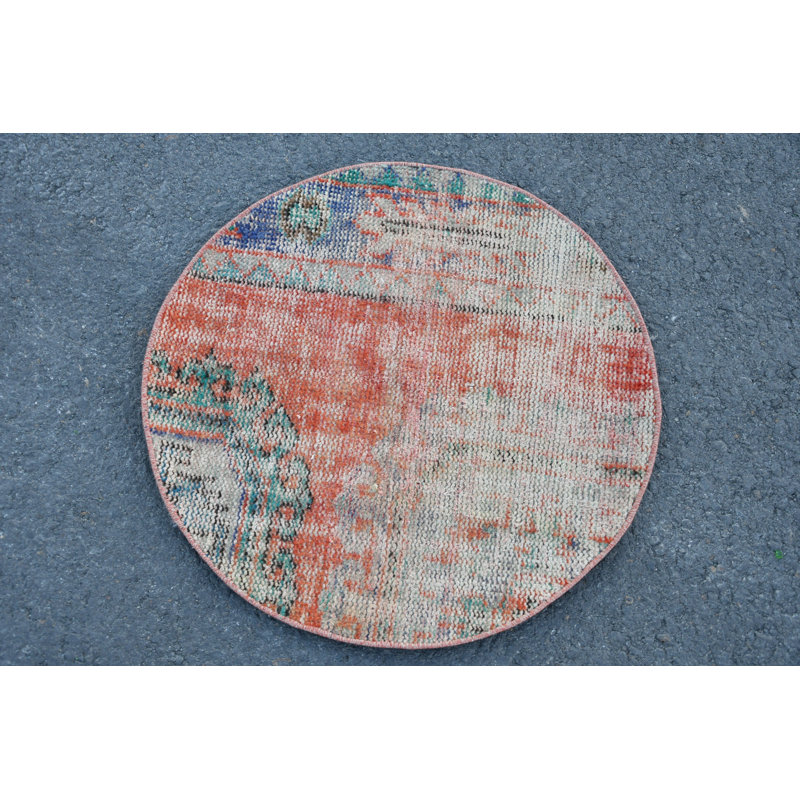 Handcrafted Vintage Turkish Oushak Round Rug in Faded Design Ideal for Door Mat Use Red/Purple