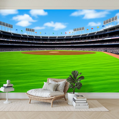 Peel and Stick Wallpaper 96" W x 69" H Modern Self Adhesive Wall Mural for Bedroom Baseball Stadium Green Field Colorful Flags under Blue Sky