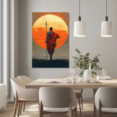 1Pc Framed Canvas Poster Print African warrior, silhouette at sunset, expressionist style Wall Art Wall Pediments, Wall Decor, Perfect for Room Decor