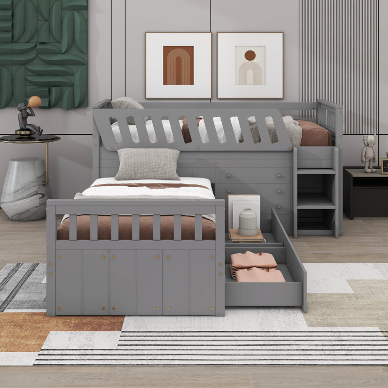L-Shaped Space-Saving Twin Loft And Twin Platform Bed With 7 Drawers And Guardrails, Grey