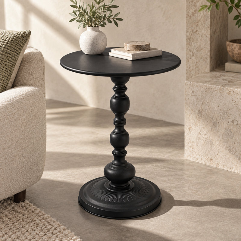 Table de bout noire en métal de style rétro avec table d'appoint ronde pour le chevet et le salon
