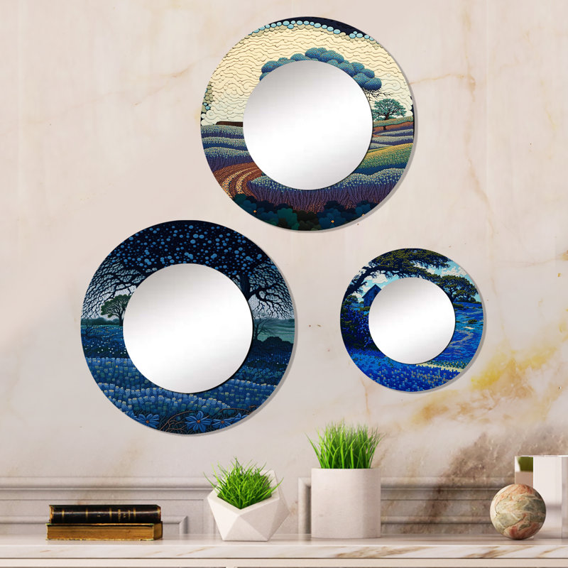 Eleisha - Ensemble de 3 miroirs ronds sur décor floral en métal brillant