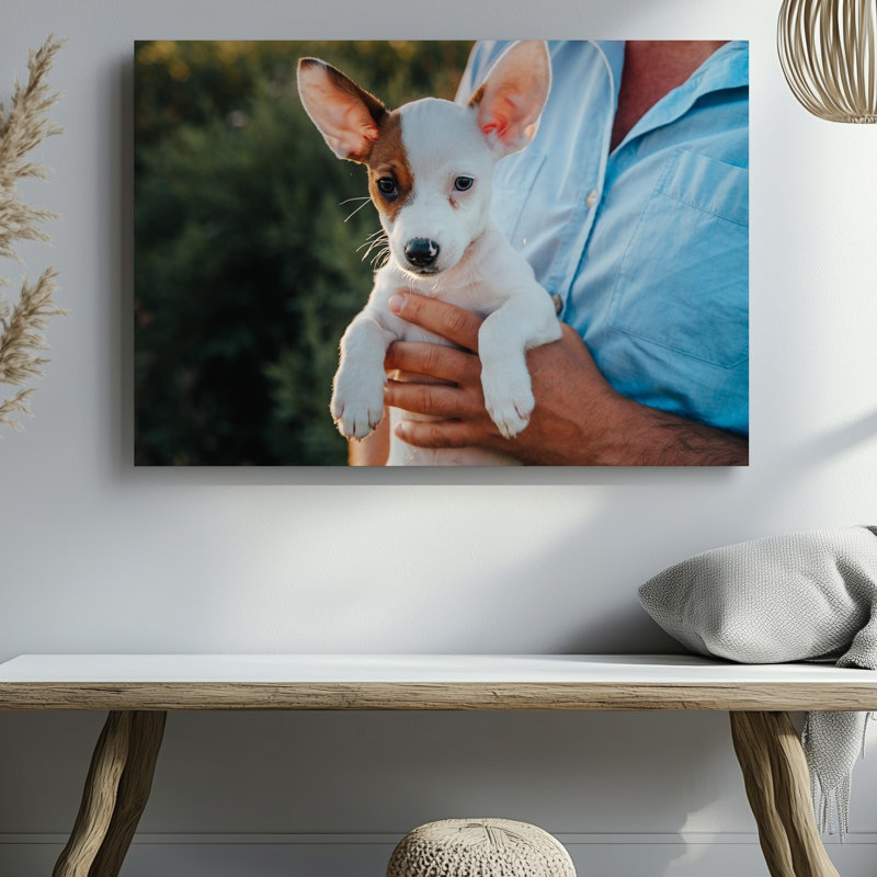 Reproduction d'art sur toile, "Un petit chiot adorable" avec un manteau et un art mural principalement blanc