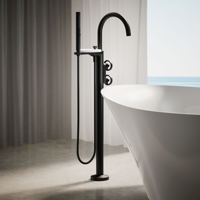 Components Floor-Mount Bath Filler Trim, Matte Black, Wheel Handle