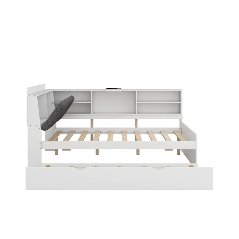 Lit plateforme double avec tablettes, lit gigogne et tête de lit, Blanc