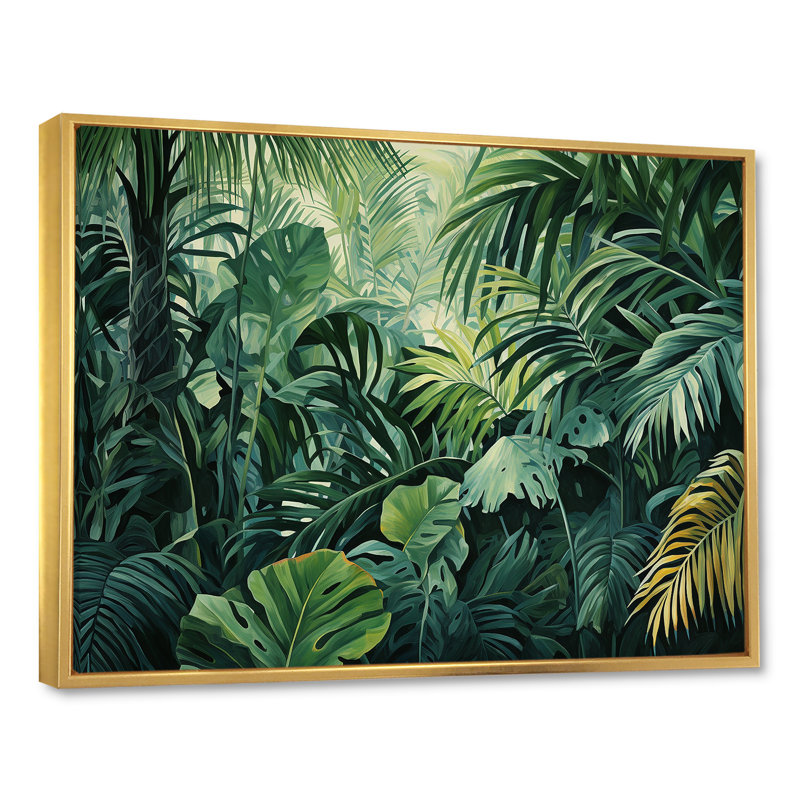 «Jade Jungle Thick Jungle Of Palm Trees II», reproduction d'art sur toile de palmiers, 30" H x 40" W, Cadre flottant doré