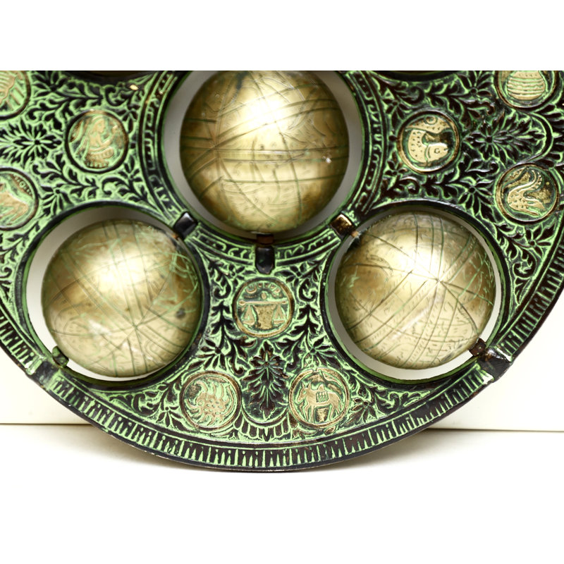 Handmade 15-Inch Brass Astrological Globe – Celestial-Themed Wall Hanging Decor with Verdigris Finish, Ornate Motifs & Multiple Engraved Globes