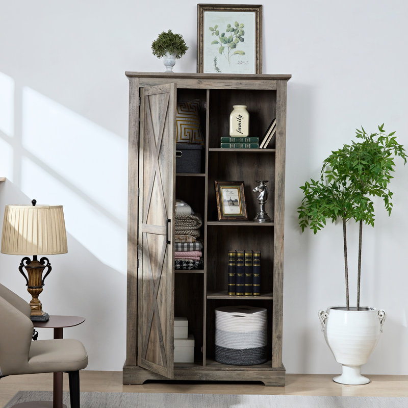 Armoire haute de rangement - Porte de grange rustique garde-manger gris 39,95 * 15,65 * 74,4, organisateur polyvalent avec tablettes personnalisables