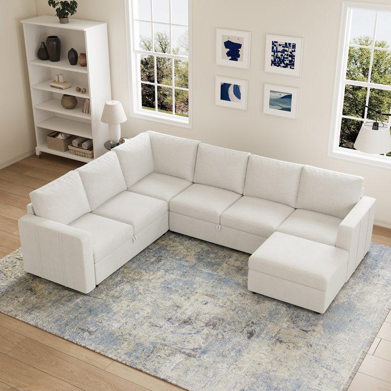 Ensemble de canapé modulaire en L avec grand espace de rangement, Chenille beige