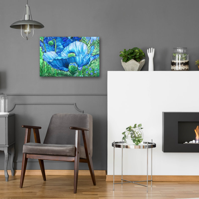 Art mural en verre Winston Porter «Poppy Garden - Blue» par Carol Cavalaris, H 16 po x l 24 po