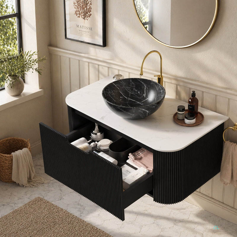 Meuble-lavabo DINA de 48 po avec lavabo, armoire de rangement murale suspendue aux bords incurvÃ©s et Ã  rayures, dotÃ©e de 2 tiroirs ; lavabo en cÃ©ramique avec motif pierre, prÃ©assemblÃ©
