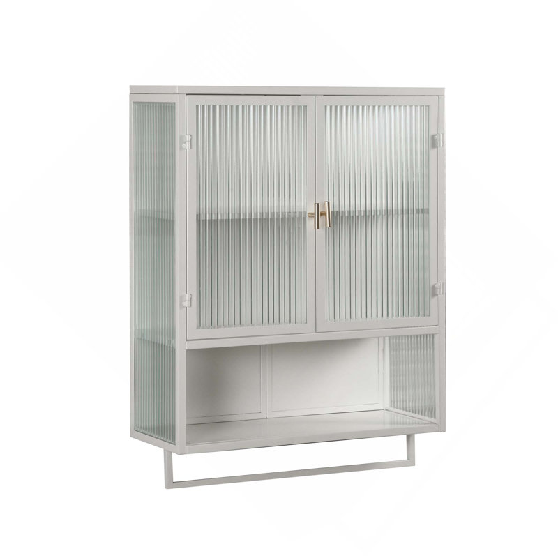 23.62-Inch Modern Double Glass Doors Wall Cabinet With 2-Tier Enclosed Storage, 1 Open Shelf & 1 Towel Rack For Entryway Living Room Bathroom Dining Room