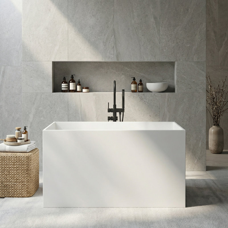 Cpingao 47'' Freestanding Tub Solid Surface Soaking Bathtub with Seat