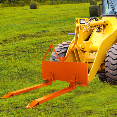 Heavy Duty 46" Skid Steer Pallet Fork Attachment with Pin-On Frame - Quick Attach Mount for Tractors and Loaders - 2600 lbs Capacity - Includes Hitch Ball Hole - Orange Color