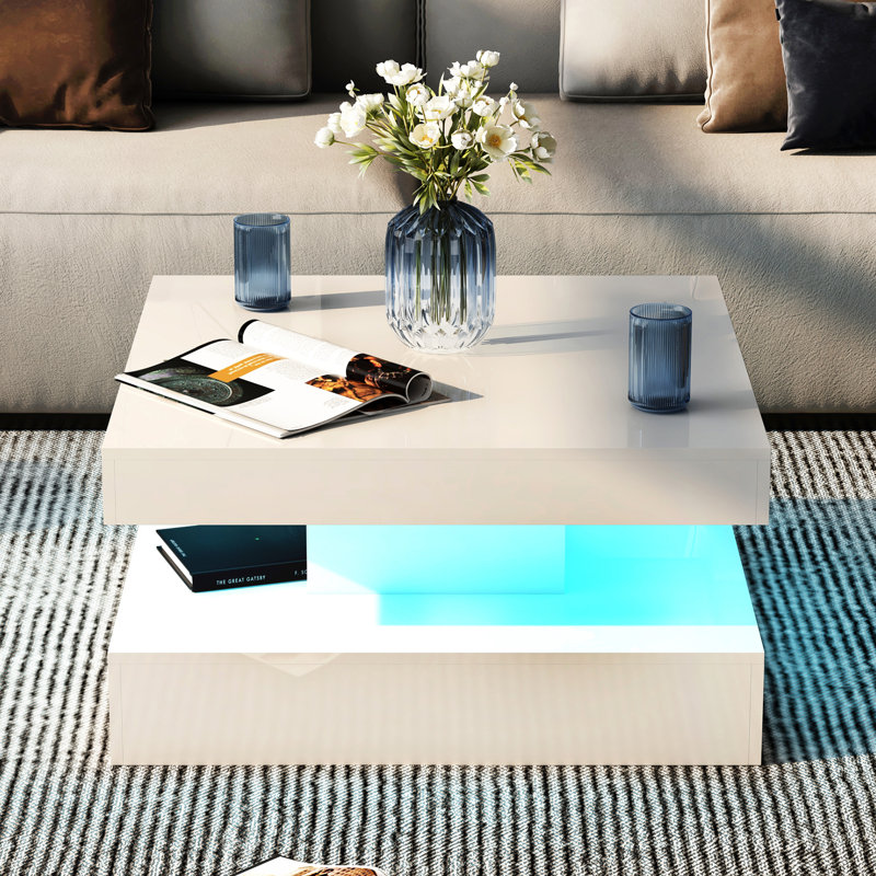 LED Coffee Table with Storage  Modern with Adjustable LED Lights Sofa Centre Table Living Room, White