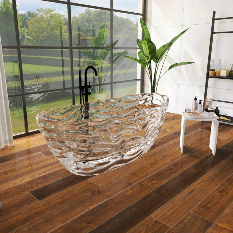 69" X 29.5" Transparent Resin Freestanding Soaking Tub Wavy Pattern Design Stone Resin Bathtub With Pure Resin White Finish