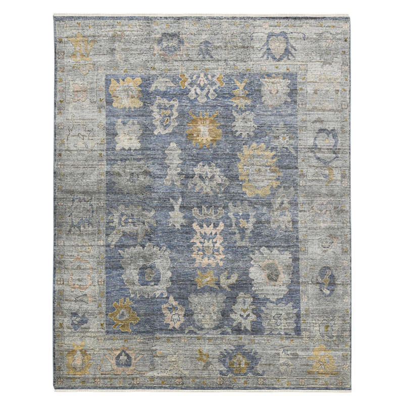 Jwell Blue Hand-Knotted Wool Oriental Area Rug 10' x 14'