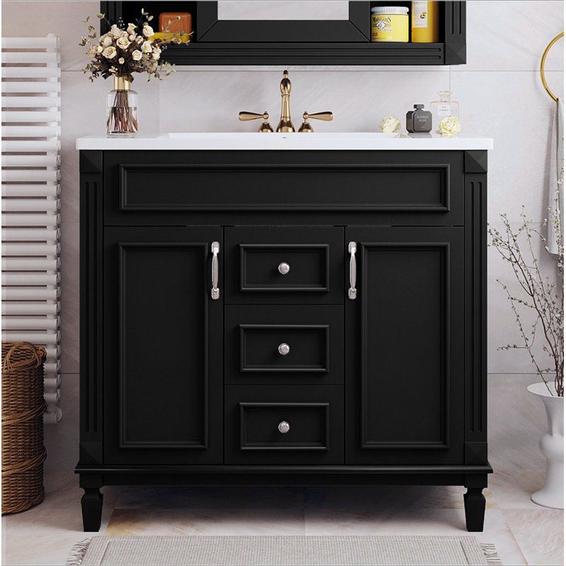 Meuble-lavabo 36 po avec lavabo supérieur, armoire de rangement moderne avec 2 portes à fermeture douce et 2 tiroirs, meuble-lavabo simple