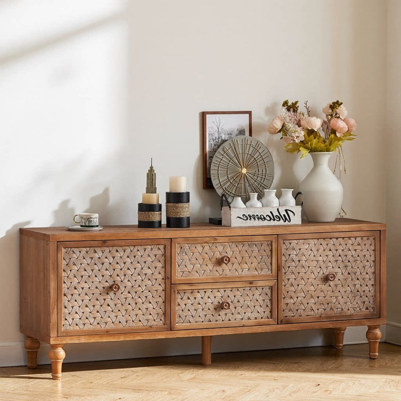 60" Distressed Mid-Century Rattan TV Stand for 55-65" TVs, Boho Vintage Media Console with Adjustable Shelf, 2 Drawers & 2 Doors, Customizable Finish, Solid Wood Legs