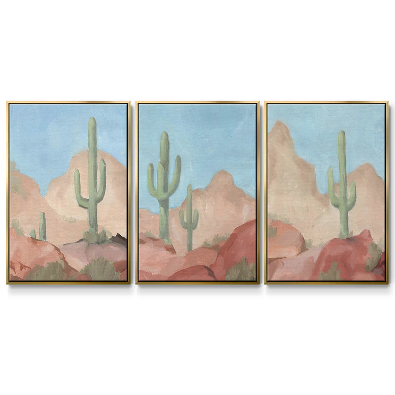Sunny Saguaro I, ensemble de 3 toiles encadrées sur toile, Or, H 40 po x l 78 po