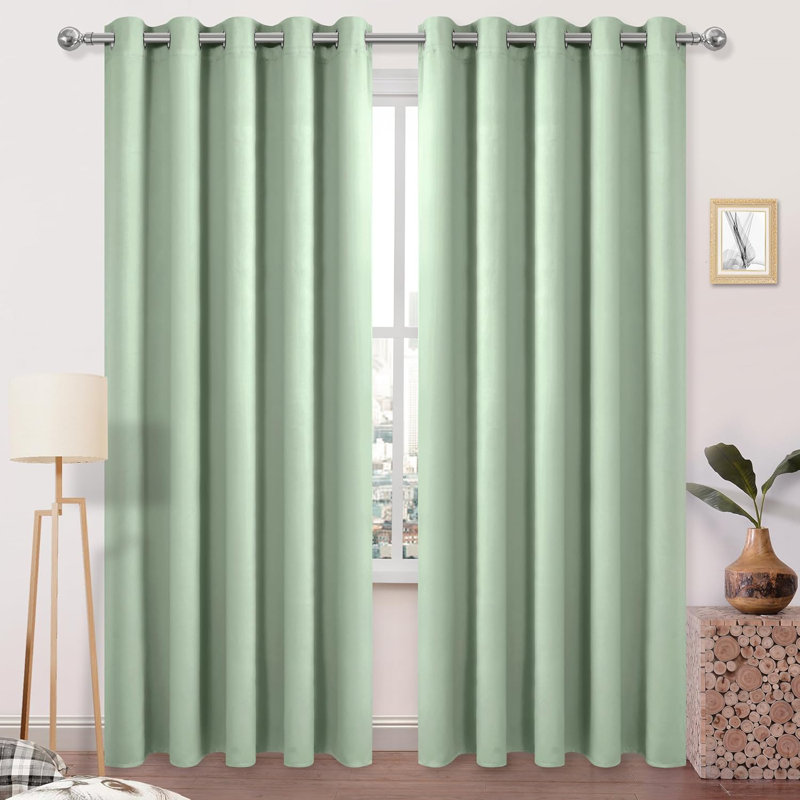 2 Thick Panels Room Darkening Blackout Curtains, Thermal Insulated Block Out Light Grommet Drapes, 70" W x 63" L, Light Green