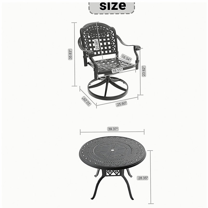Ensemble de salle à manger 3 pièces en aluminium coulé toutes saisons comprenant 2 chaises pivotantes et une table ronde de 39,37 po avec structure noire