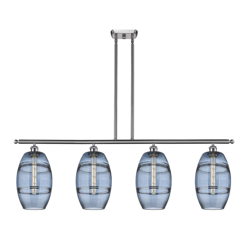 Luminaire suspendu rond / ovale pour îlot de cuisine à 4 lumières Dundrod, Bleu princesse, Nickel satiné brossé