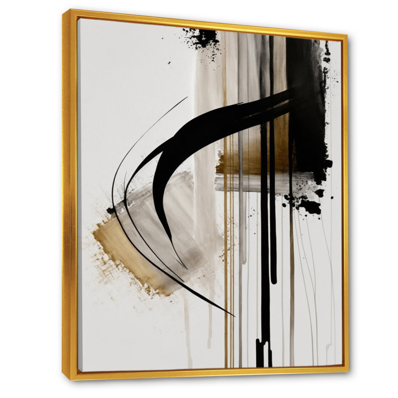 Noir, blanc et or Expression I - art mural abstrait, H 40 po x l 30 po, Toile avec cadre flottant, Doré