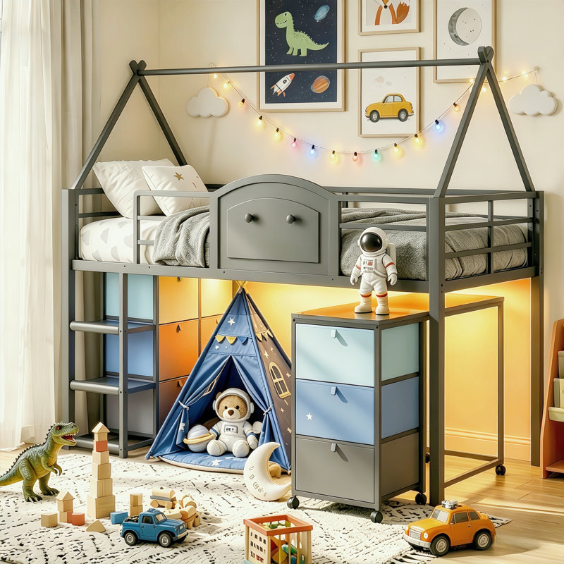 Low Loft Bed with Movable Desk and 9 Drawers & Storage Ladders Shelves LED House beds for kid, Blue