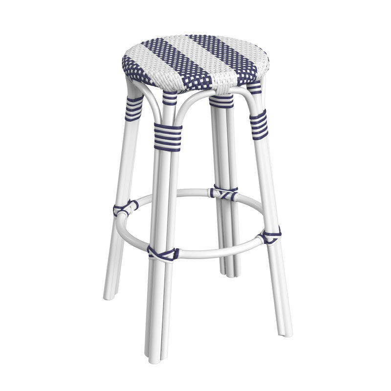 Tabouret de bar et de comptoir en rotin tissé à la main Alastair, Blanc / rayure marine / cadre en rotin blanc