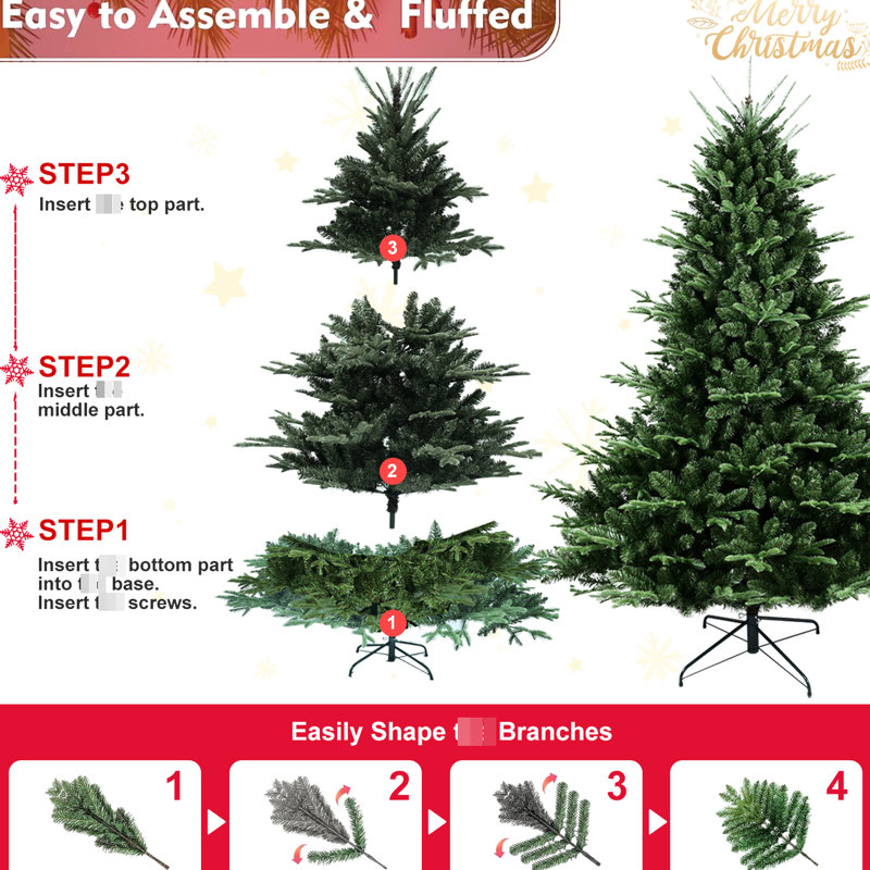 Arbre de Noël de 8 pi avec 2673 réaliste, grande base pour les espaces spacieux, structure à charnières, installation simple et support en métal ferme avec environnements pe / mixtes, cadre fiable à installation rapide avec branches