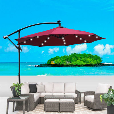 Parasol de terrasse à énergie solaire 10 pi avec parasol 8 lumières à DEL avec manivelle et base transversale pour terrasse de jardin et abri de piscine extérieur