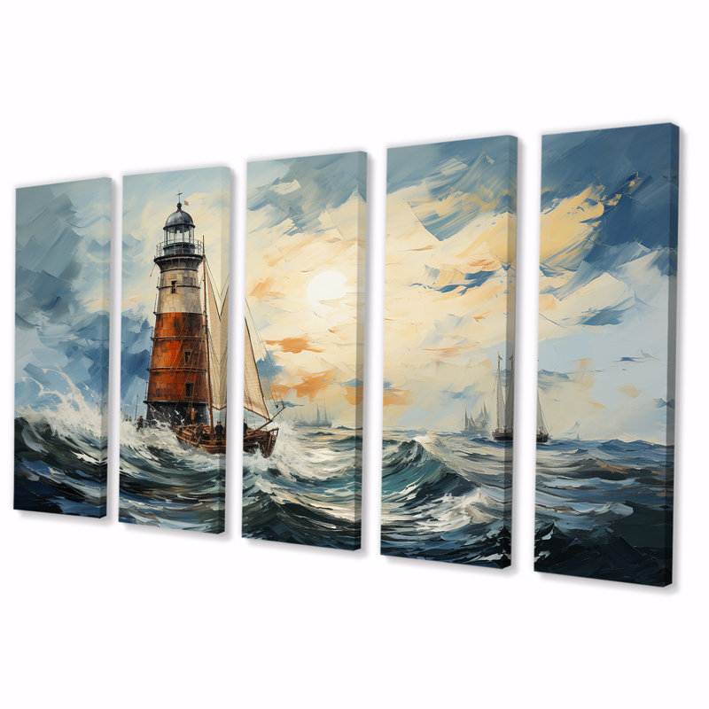 Phare de la mer orageuse II - 5 pièces, art mural, H 32 po x l 80 po
