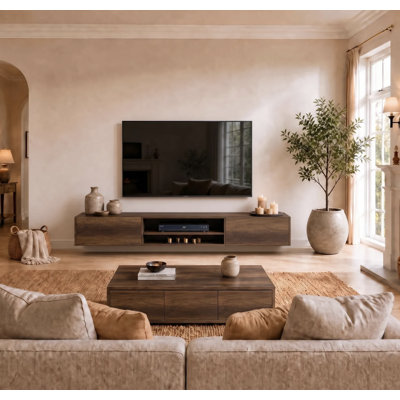 Desmone 71" Modern Floating TV Stand for Up to 80" TVs, Wall-Mounted Media Console with Storage, Walnut Brown