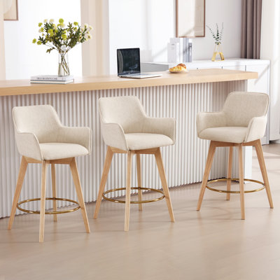 Neppur Swivel Full Back Arms Upholstered 26.6"H Counter Stool With Solid Rubberwood Frame And Gold Footrest