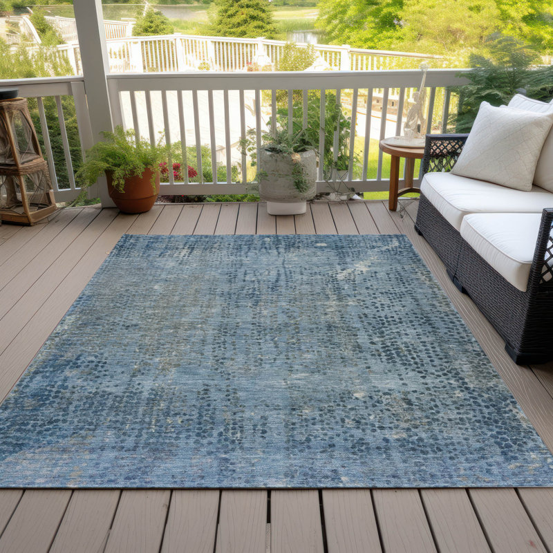 Tapis bleu intérieur / extérieur lavable à la machine Xhevrie, Rectangle 10 pi x 14 pi