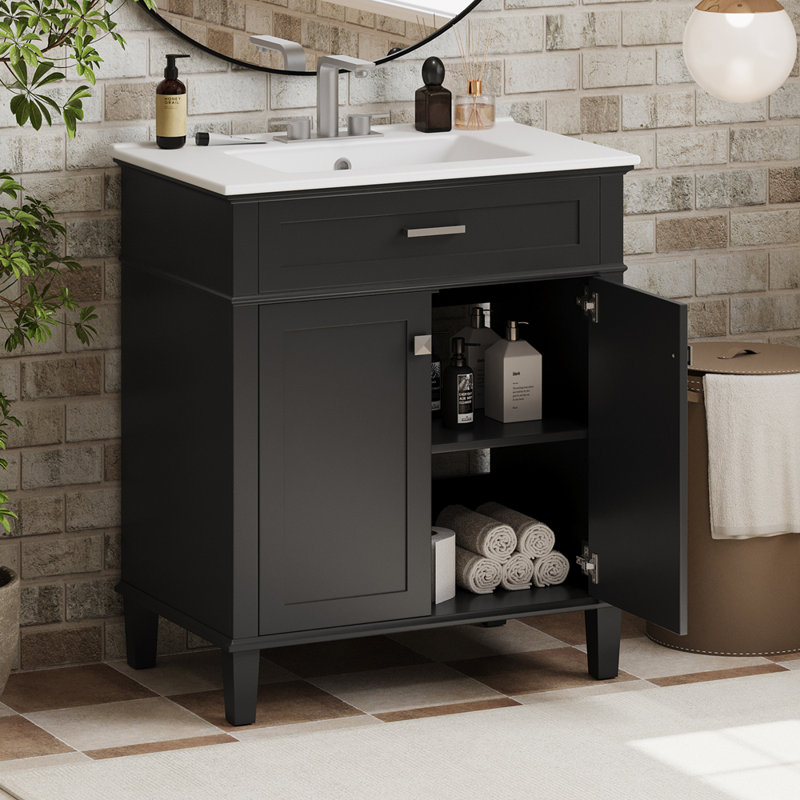 Meuble-lavabo de 30 po avec lavabo en céramique, porte à fermeture en douceur et tablettes réglables, Argent, Noir