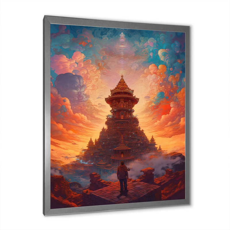"Ancien temple au coucher du soleil", reproduction d'art sur toile, H 20 po x l 12 po x P 1 po, Cadre simple argenté