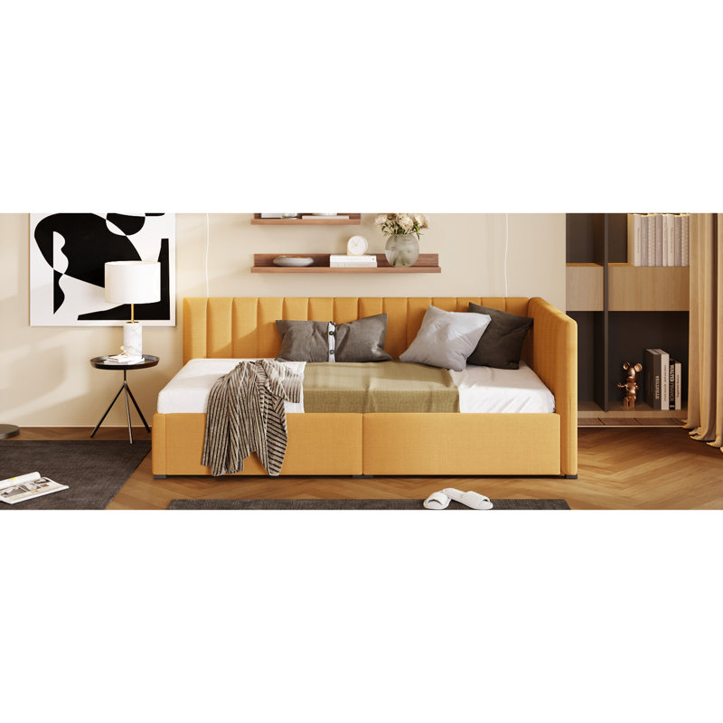 Lit de jour rembourré avec 2 espaces de rangement (lin jaune) - Structure de lit, aucun sommier nécessaire pour un lit simple efficace, espace de vie polyvalent