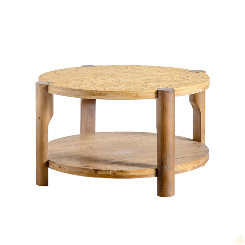 Table basse ronde en bois massif, table basse ronde à 2 niveaux avec tablette de rangement