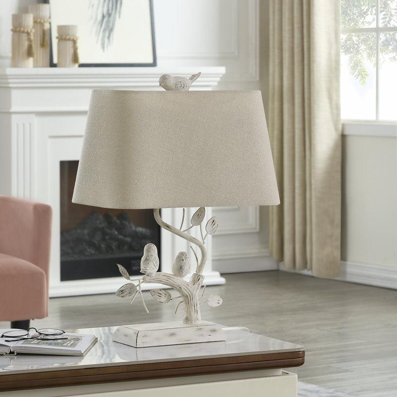 22" Whitewashresin Table Lamp With Birds And Rectangle Linen Shade, White, Beige