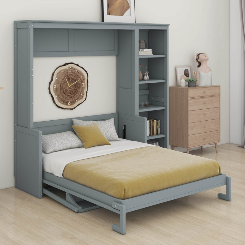 Lit escamotable escamotable avec bureau et bibliothèque Murphy, Gris, Lit double